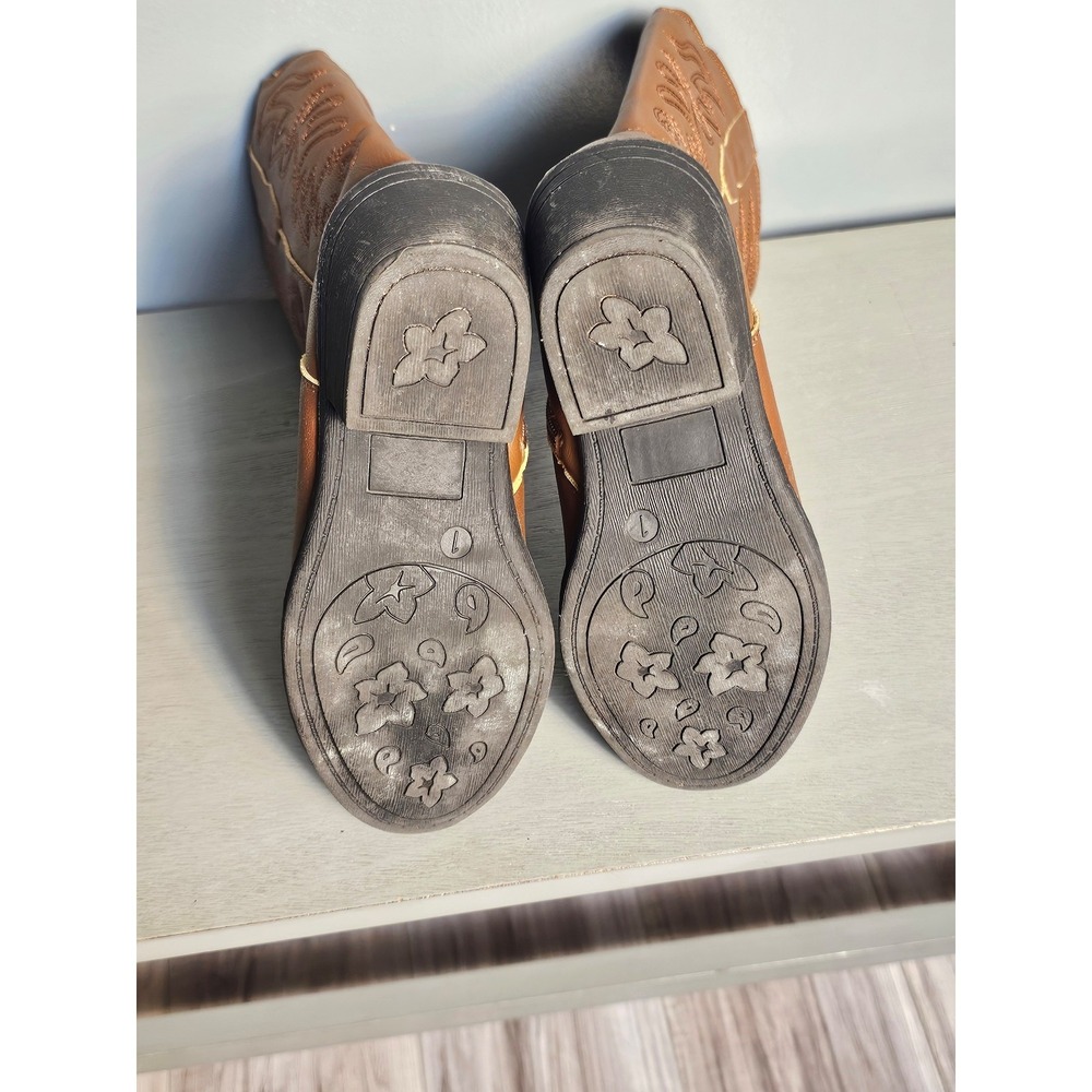 Kids Brown Western Cowboy Boots Side Zip Decorative Stitching Size 1 - Picture 5 of 5